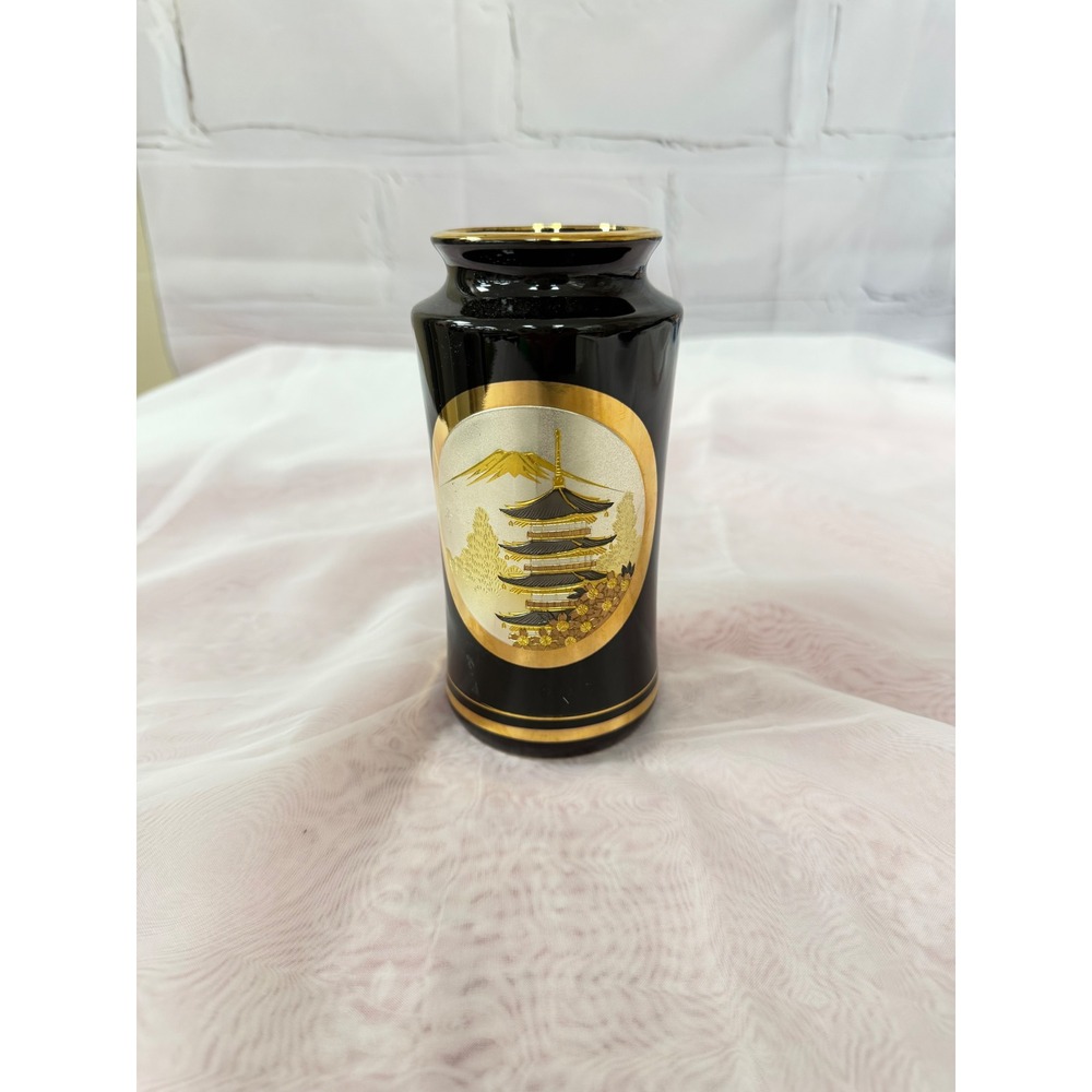 Vintage Chokin Art Vase Black Ceramic 24KT Gold Edged Pagoda Mount Fuji Japan
